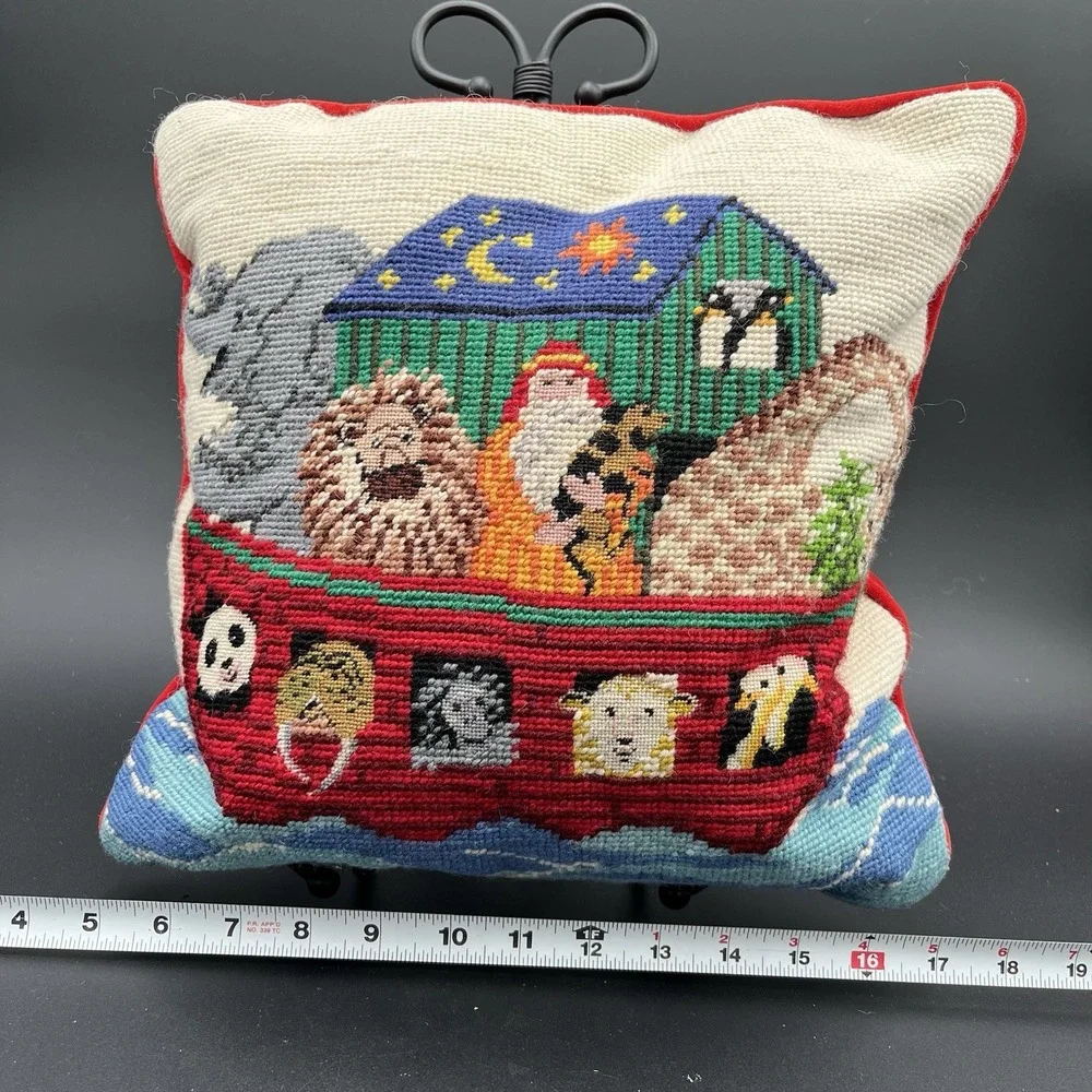 Vintage Needlepoint Noah's Ark Square Decorative Pillow
